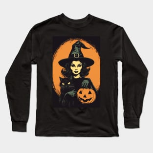 Vintage Retro Halloween Witch with Black Cat and Jack-O-Lantern Long Sleeve T-Shirt